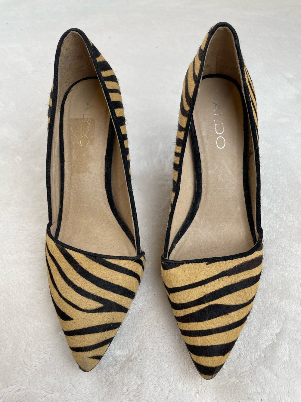 ALDO pony hair Black & Tan Zebra-Print Pointed Toe.            4” pumps